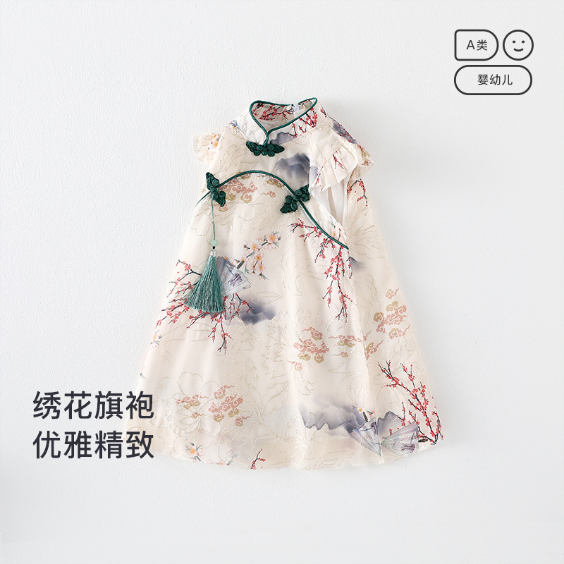女童连衣裙中国风夏季薄款刺绣汉服女宝宝公主裙女孩旗袍复古裙子
