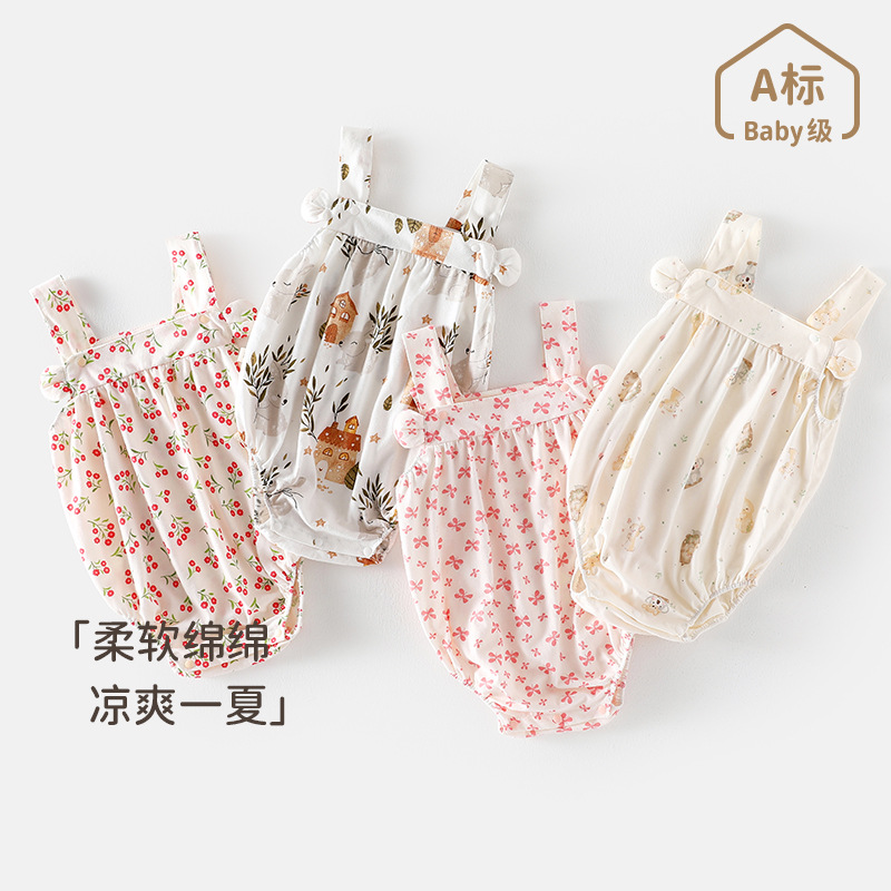 婴儿背带裤洋气连体衣包屁衣新生儿婴幼儿春秋款飞袖无袖衣服印花