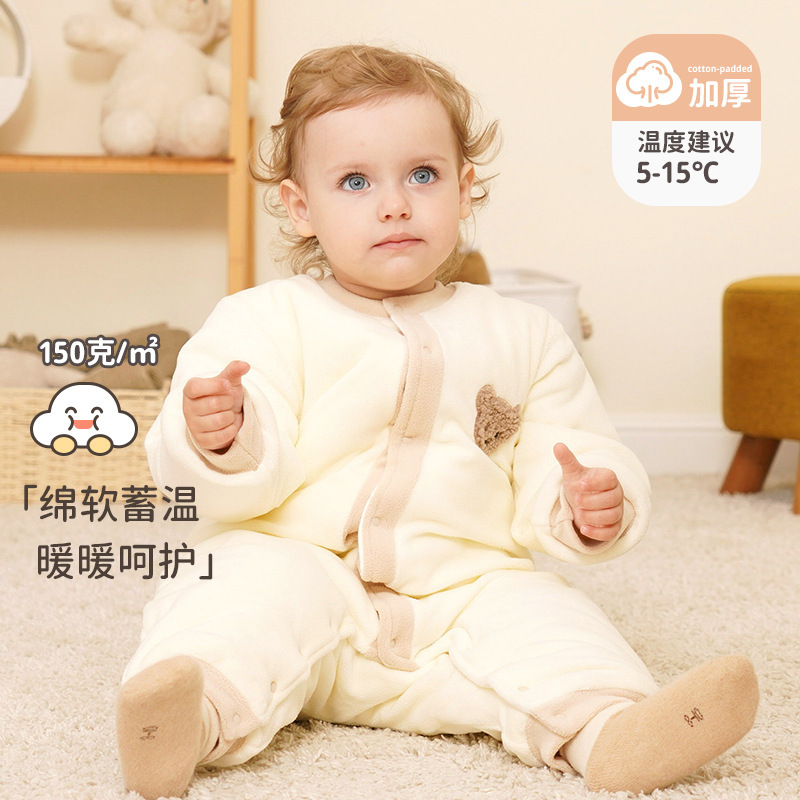 婴儿连体衣秋冬装宝宝外出加厚保暖摇粒绒爬服新生儿冬季夹棉棉衣