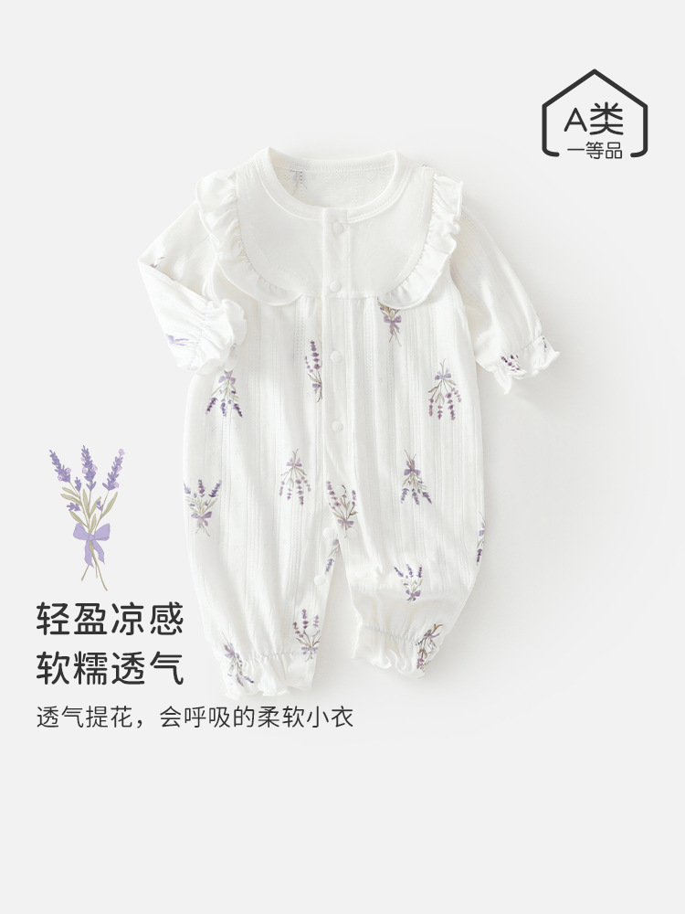 婴儿长袖连体衣夏季薄款女宝宝长袖空调服睡衣新生儿花边透气衣服