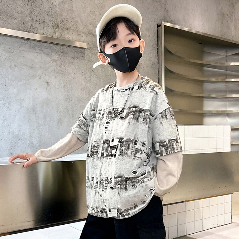 大童装洋气撞色卫衣男童网红插肩袖上衣儿童长袖t恤2025春秋新款