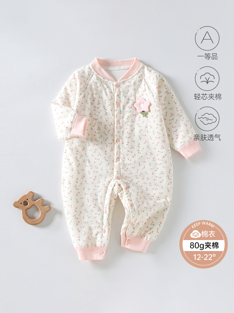 婴儿秋冬三层夹棉连体衣新生儿加厚保暖衣服男女宝宝爬服哈衣