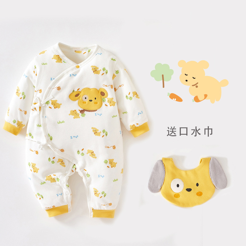 新生儿衣服秋冬婴儿连体衣初生宝宝斜襟系带夹棉蝴蝶衣爬服宝宝衣